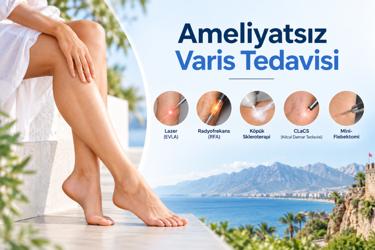Ameliyatsız varis tedavisinde lazer, radyofrekans, köpük skleroterapi, CLaCS ve mini-flebektomi yöntemlerini gösteren tıbbi görsel