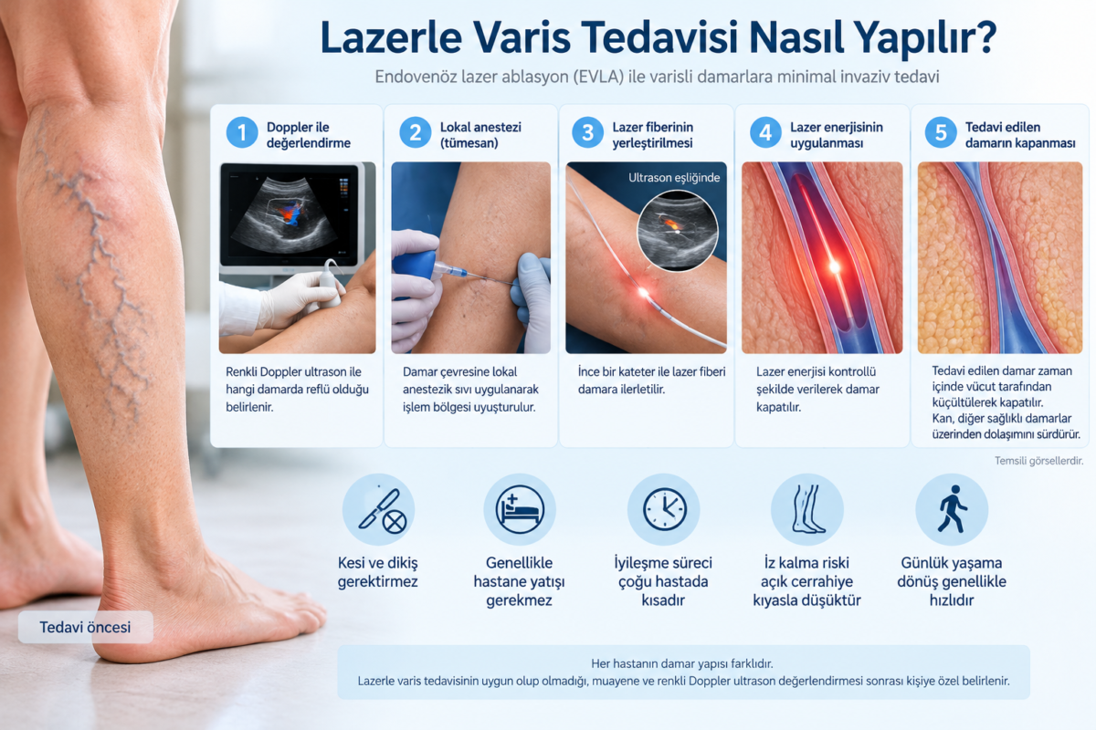 Antalya'da lazerle varis tedavisinin renkli Doppler, lokal anestezi, lazer fiberinin yerleştirilmesi ve damar kapatma aşamalarını gösteren tıbbi görsel