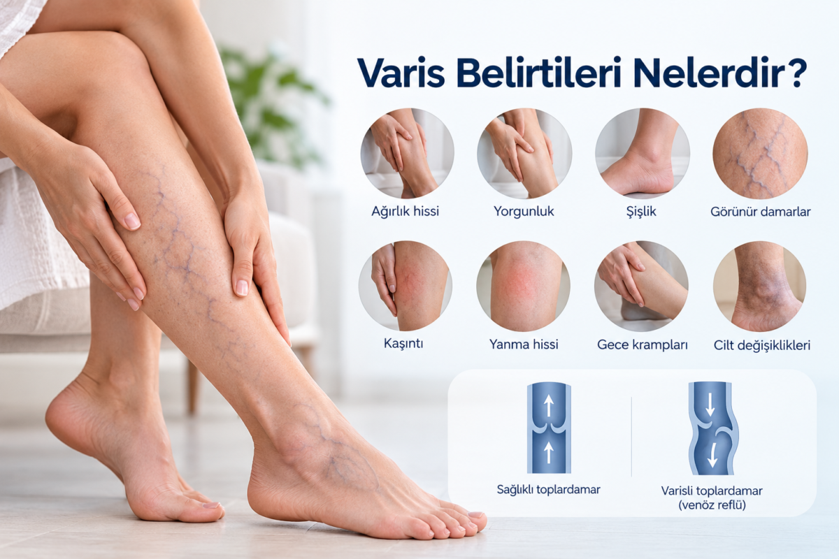 Varis belirtileri olarak bacaklarda ağırlık, yorgunluk, şişlik, görünür damarlar, kaşıntı, yanma, gece krampları ve cilt değişikliklerini gösteren tıbbi görsel