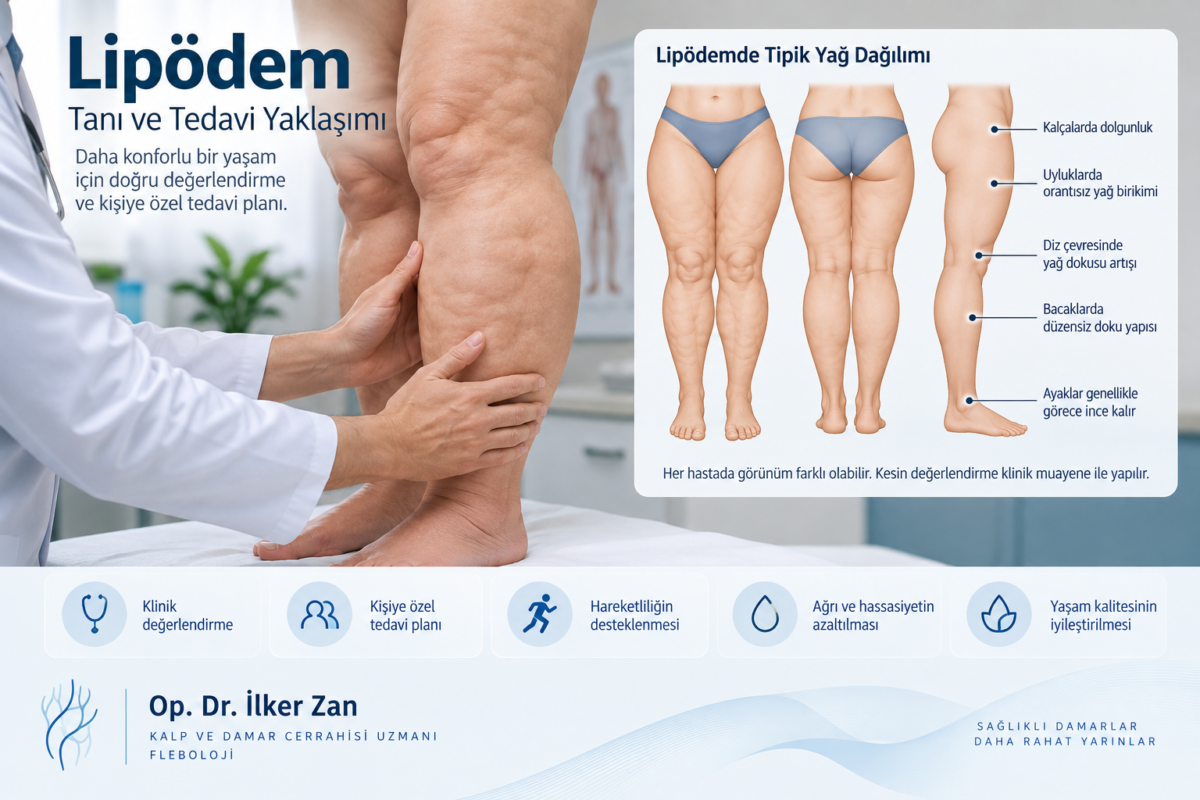 Lipödemde klinik değerlendirme, tipik yağ dağılımı ve kişiye uygun tedavi yaklaşımını gösteren tıbbi görsel